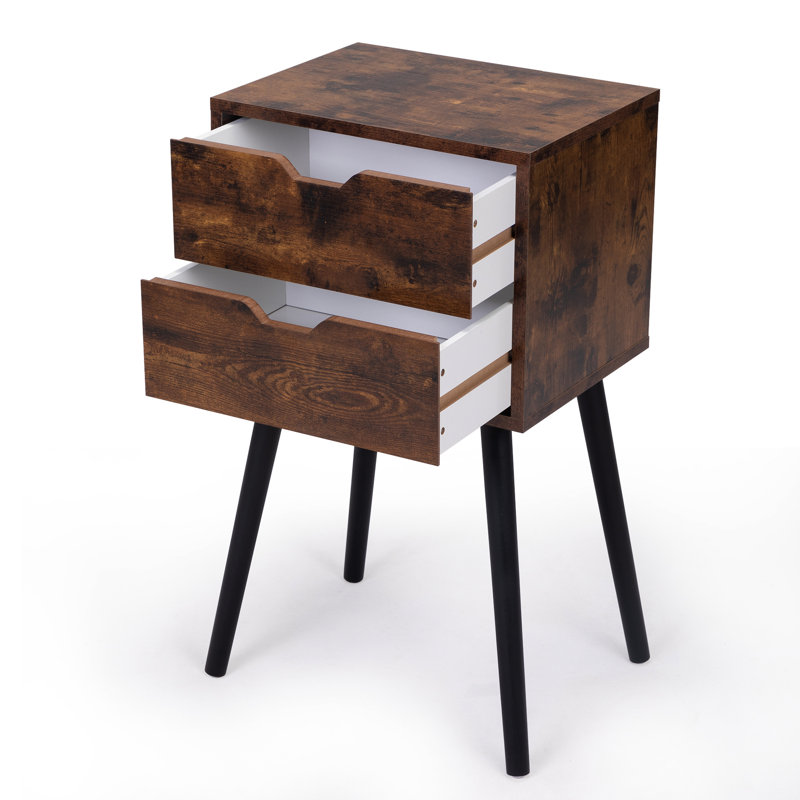 Table de chevet rustique brune avec tiroirs de rangement - Pieds en bois massif, pour la chambre à coucher et le salon