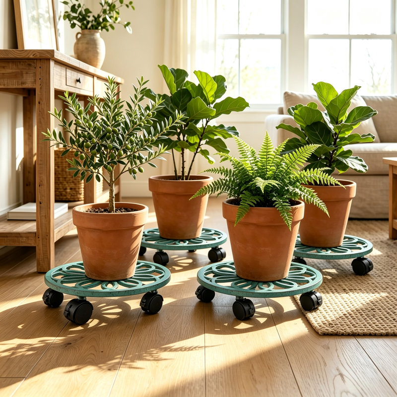 Support à plantes robuste en fonte de 30 cm avec roulettes verrouillables (lot de 4), fini patiné, Patine