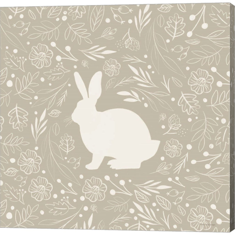 Floral Rabbit Beige and White Canvas Art, 12" x 12"