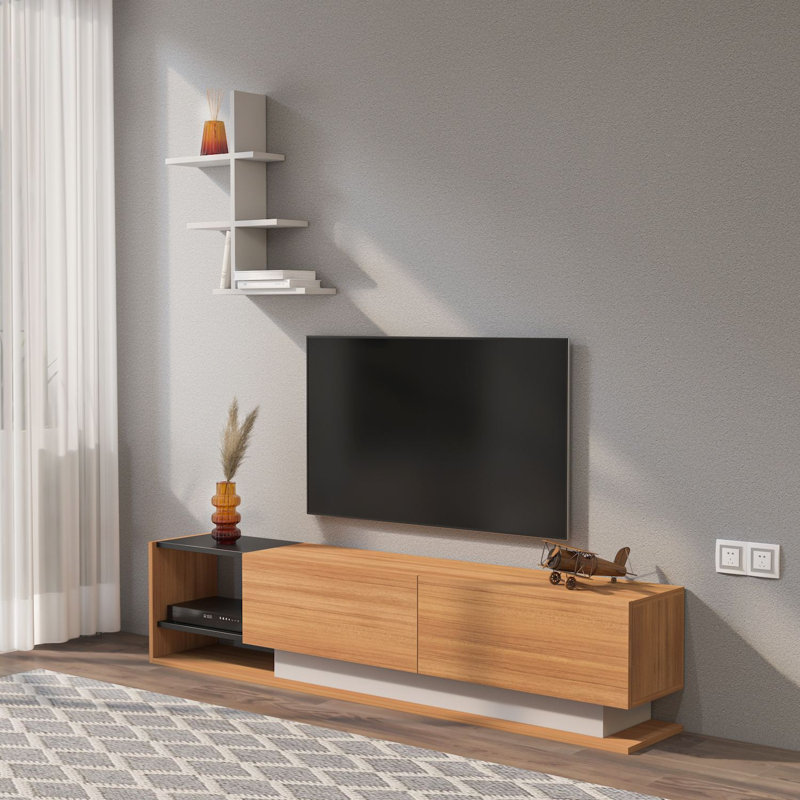 Modern TV Unit with Wall Shelf, White & Teak, 70.9 x 15.7 x 23.6 inches | 100% Melamine Coated Particle Board, Thickness: 0.7 inches | Multiple Shelves, Wall-Mountable Design for Stylish Entertainment Spaces