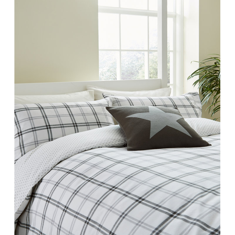 Hunter's Check Brushed Cotton Duvet Cover Set, Grey, Double Duvet Cover + 2 Pillowcases