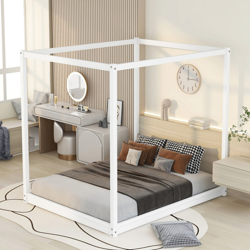 Lit plateforme à baldaquin avec pieds de support, Blanc, Grand lit