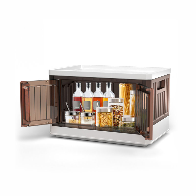 With lid,wheels and foldable stackable storage box, multifunctional storage box with door, 33.2qt., Brown/White