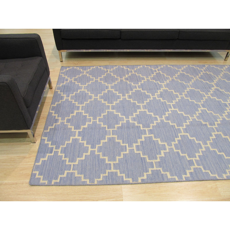Ruby Moroccan Blue Flatweave Wool Ivory Contemporary Trellis Handmade Area Rug, Rectangle 5' x 8'