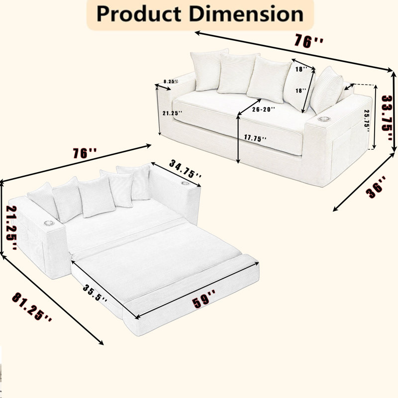 Canapé 76 po 2 en 1, Beige