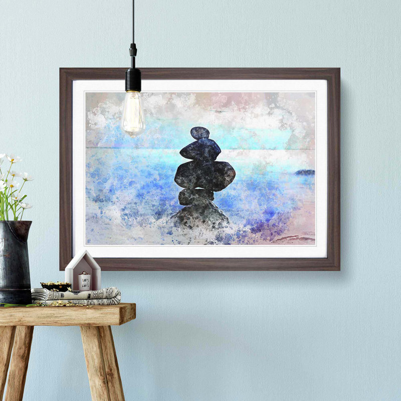 Balancing Zen Stones upon a Lake in Abstract - Picture Frame Painting Print on MDF, Walnut Framed, 48cm H x 65cm W x 2cm D