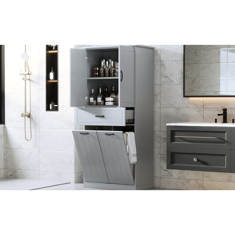 Bathroom Storage Cabinet In Grey, & Painted, 2 Laundry , Adjustable Shelf, Tipping, Doors And Drawer Board Bags, For House