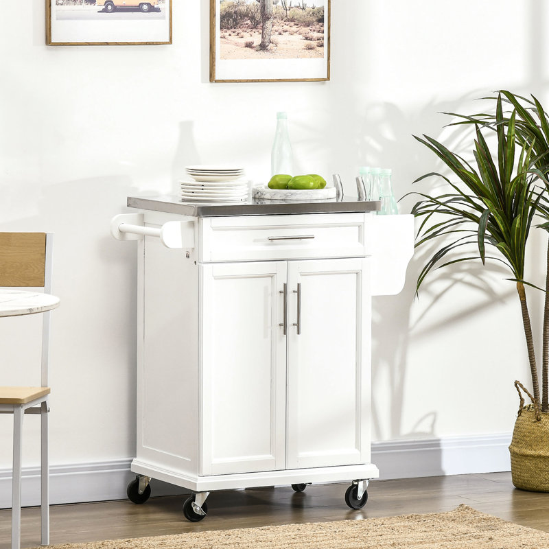 Chariot de rangement roulant de cuisine avec surface en acier inoxydable, tiroir, barre à serviettes, support à épices et espace utilitaire, comptoir de support blanc, support, capacité,