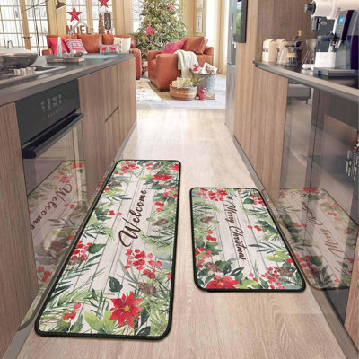 2 Pcs Christmas Kitchen Rugs And Mats For Floor Non-Slip Backing Mat Merry Christmas Kitchen Decor Anti Fatigue Kitchen Rug Sets With Runner Xmas Decor