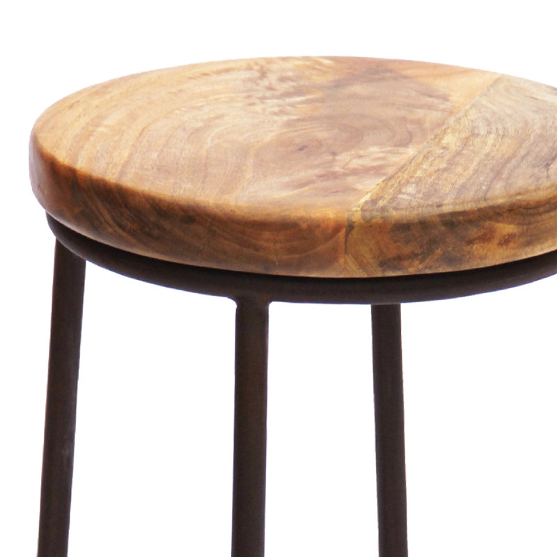 Circular Mango Wood and Iron 24'' Counter Stool in Brown and Black