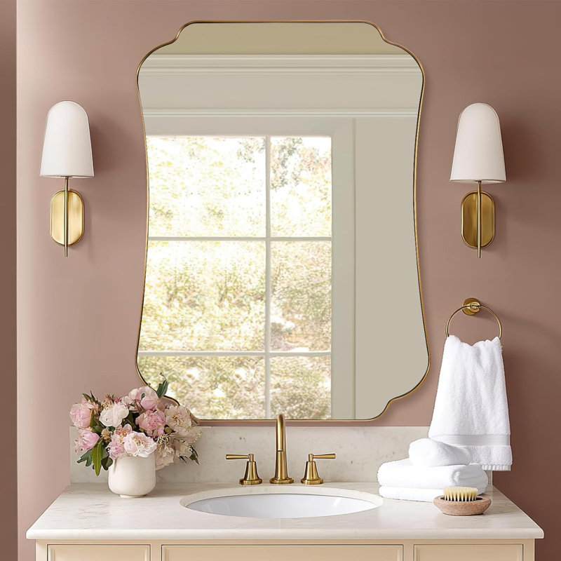 Miroir de salle de bain Contemporary Cadre en acier inoxydable, Or brossé, 40 po x 30 po