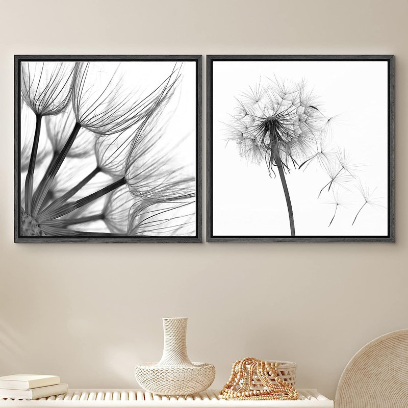"Noir et blanc", gros plan, pissenlit, art floral sur toile encadré 2 pièces, H 24 po x l 48 po x P 1,5 po
