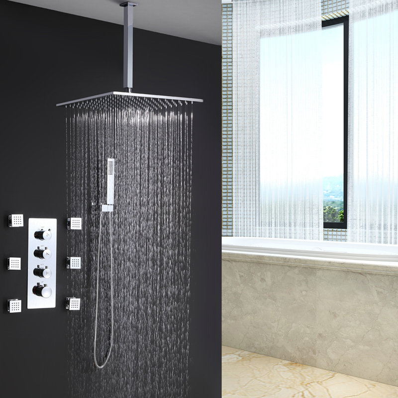Luxury Ceiling Mounted Thermostatic Shower System With Hand Shower And Body Jets, Polished Chrome