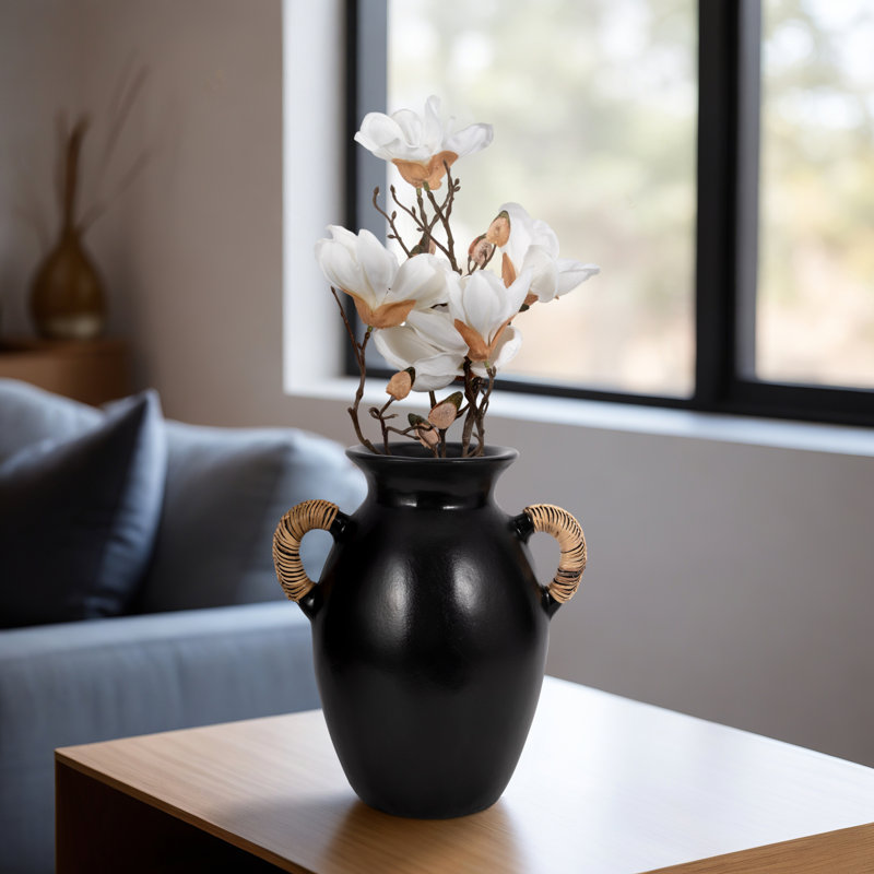 Terracotta Pottery Vase with Woven Handles - Decorative and Versatile Single Handmade Ceramic Accent Vessel for Modern or Rustic Spaces.