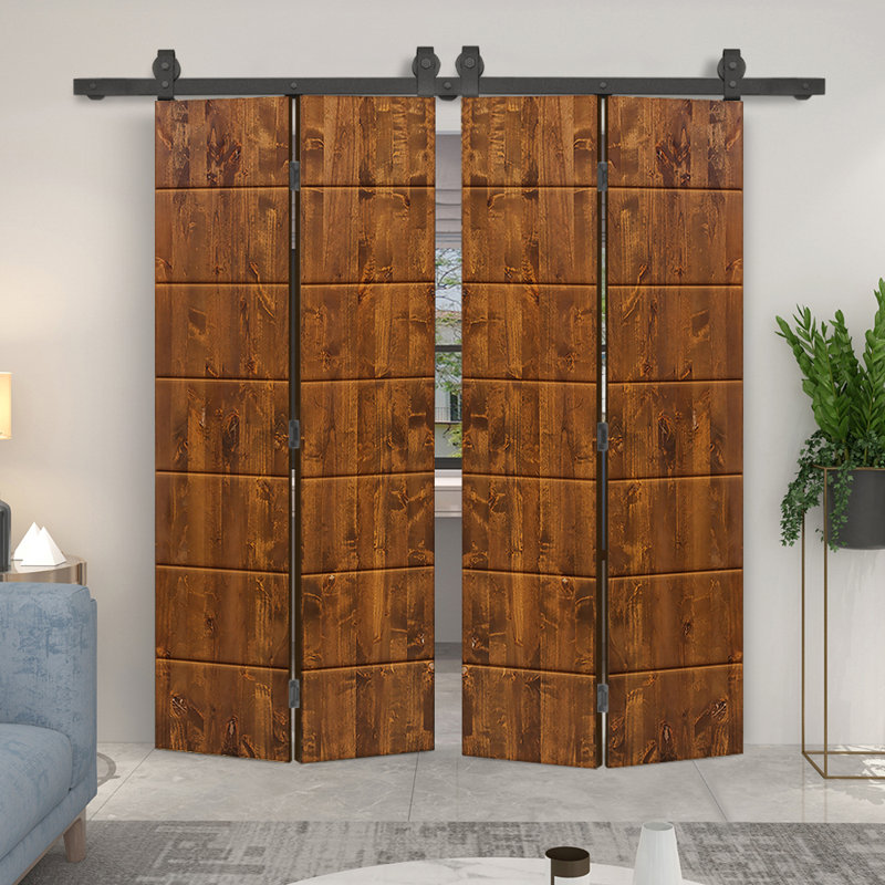 Stained Pine Wood Bi-Fold Double Barn Door with Sliding Hardware Kit, Walnut, 40" x 80"