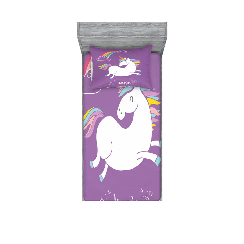 Drap-housse et coussin décoratif Ambesonne Unicorn, blanc lavande, Ensemble de draps pour lit simple + deux taies d'o