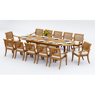 12 Seats 13 Pcs Grade-A Teak Wood Dining Set: 118" Double Extension Mas Oval Trestle Leg Table And 12 Arbor Stacking Arm Chairs #11AB2712