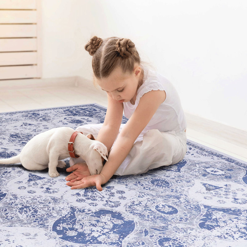 3X5 Washable Rug - Blue, Low-Pile, Non-Slip, Stain For Bedroom, Dining Room, Kitchen, Living Room & Pet Safe Blue Area Machine Washable,