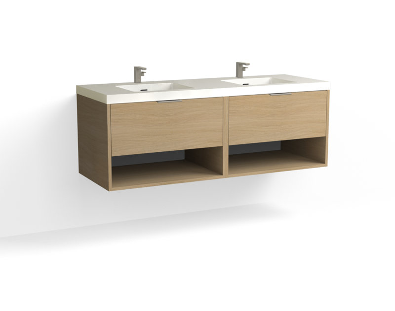 Modo 60" W Wall Mounted Double Bathroom Vanity, Matte White/Single, White Acrylic, Satin Nickel