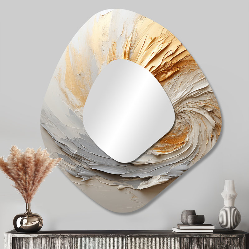 Remigio Abstract gold and white paint spiral  I - Abstract Spirals Asymmetrical Unique Wall Mirror, Modern Irregular Shape Mirror, Printed Metal Art