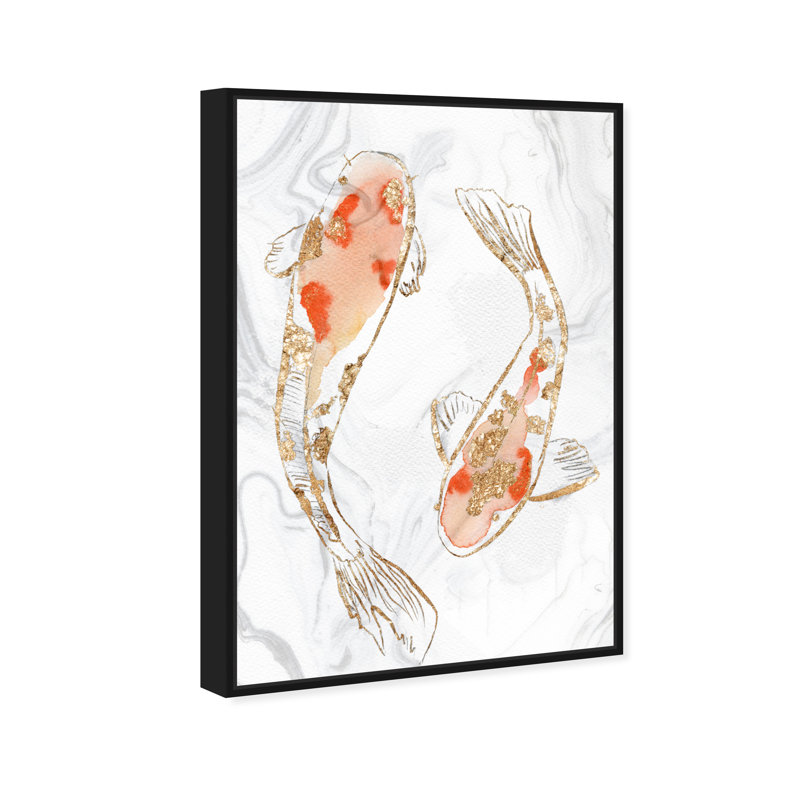 " Two Koi Fish Marble ", 15" H x 10" W, Black Framed
