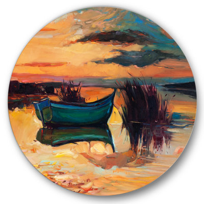 Bateau pendant la soirée, lueur au lac I - Art mural nautique et côtier en cercle