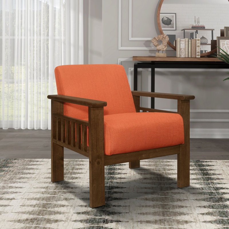 Chaise d'appoint rembourrée 100% tissu dans une structure orange en bois massif avec finition noyer pour les coussins de hall d'entrée attachés
