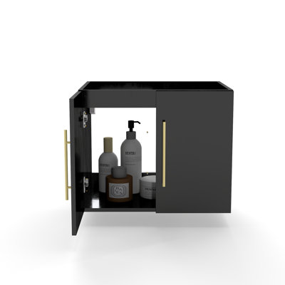 Meuble-lavabo mural noir brillant de 24 po avec portes doubles, charnières à fermeture douce, armoire seulement, lavabo non inclus, assemblage facile, poignée longue en métal doré, espace de rangement, noir brillant