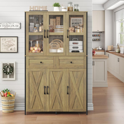 41.3" W Large Kitchen Pantry Cabinet, Pantry Storage Cabinet In Metal Frame, Bar Cabinet With Clear Glass Door, 2 Drawer & Adjustable Shelves, For Living Room, Dining Room, Brown