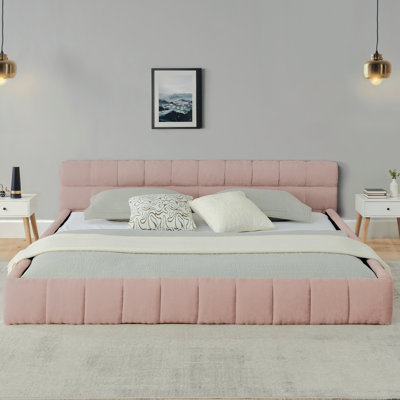 Élégante base de lit tapissier très grand, cadre de lit très grand avec base en tissu chenille avec tête de lit, lit plateforme en bois avec cadre solide pour la chambre à coucher, aucun sommier nécessaire, rose (90,5 po x 80,5 po x 31 po)