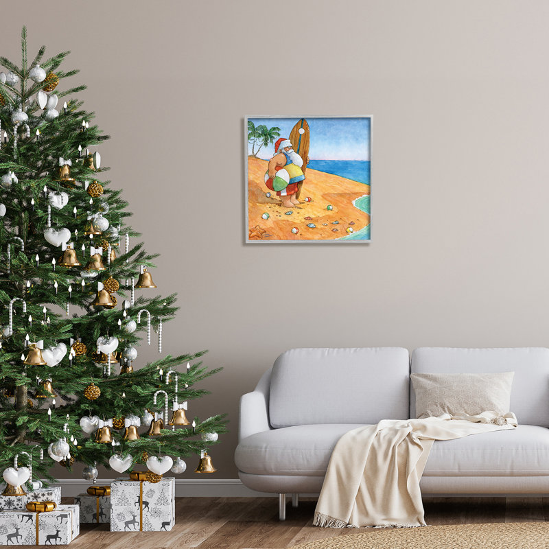 «Santa Claus On Beach Surf Board Tropical Christmas», estampe numérique encadrée de Steve Vanderbosch