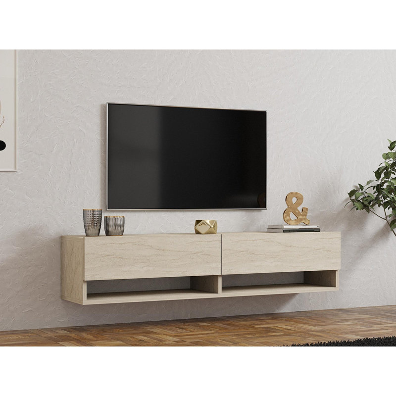 Modern TV Unit with Wall-Mount Option, Travertine Color, 55.5 x 12.2 x 24.0 Inches | 100% Melamine Coated Particle Board, Thickness: 0.7 Inches | Numerous Shelves for Storage, Stylish Marble Design, Perfect for Living Room