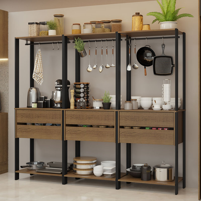  Étagère de rangement pour garde-manger avec 6 tiroirs et espaces suspendus de 82 po L, Noir / brun
