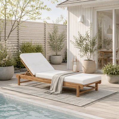 Light Teak Acacia Wood Outdoor Chaise Lounge with 3-Position Adjustable Backrest, 4" Water-Resistant Cream Cushion, 400 lbs Capacity（1 Frame + 1 Cushion）