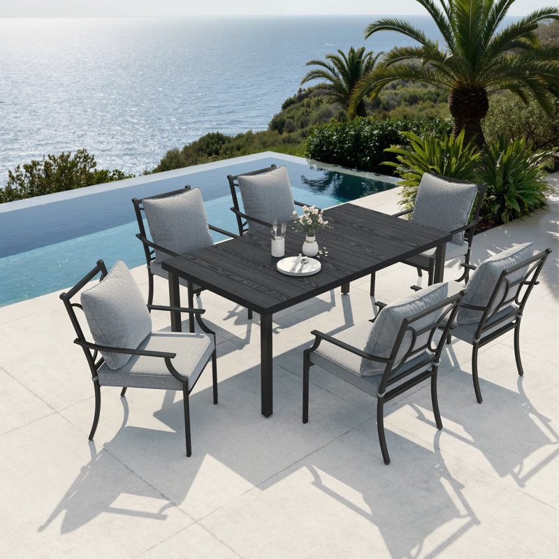 Ensemble de salle à manger pour 6 personnes en métal avec table rectangulaire et chaises ergonomiques rembourrées