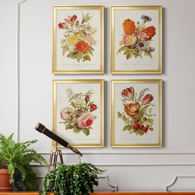 Antique Floral Bouquet I, toile de qualité supérieure - prête à être accrochée, Cadre doré, H 42,5 po x l 122 po x P 1 po