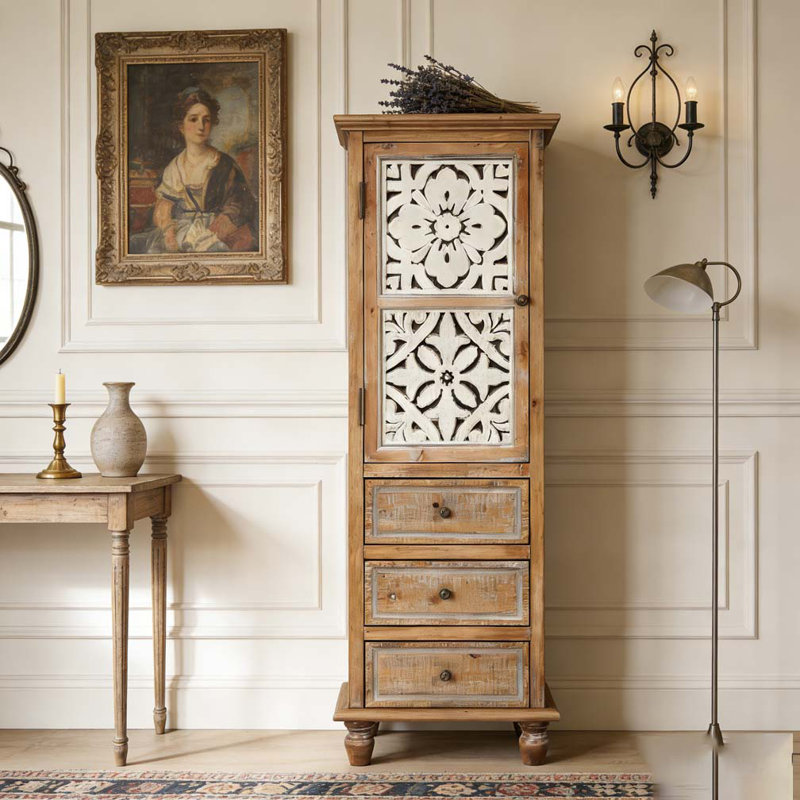 Armoire de rangement rustique en bois avec porte découpée décorative et 3 tiroirs