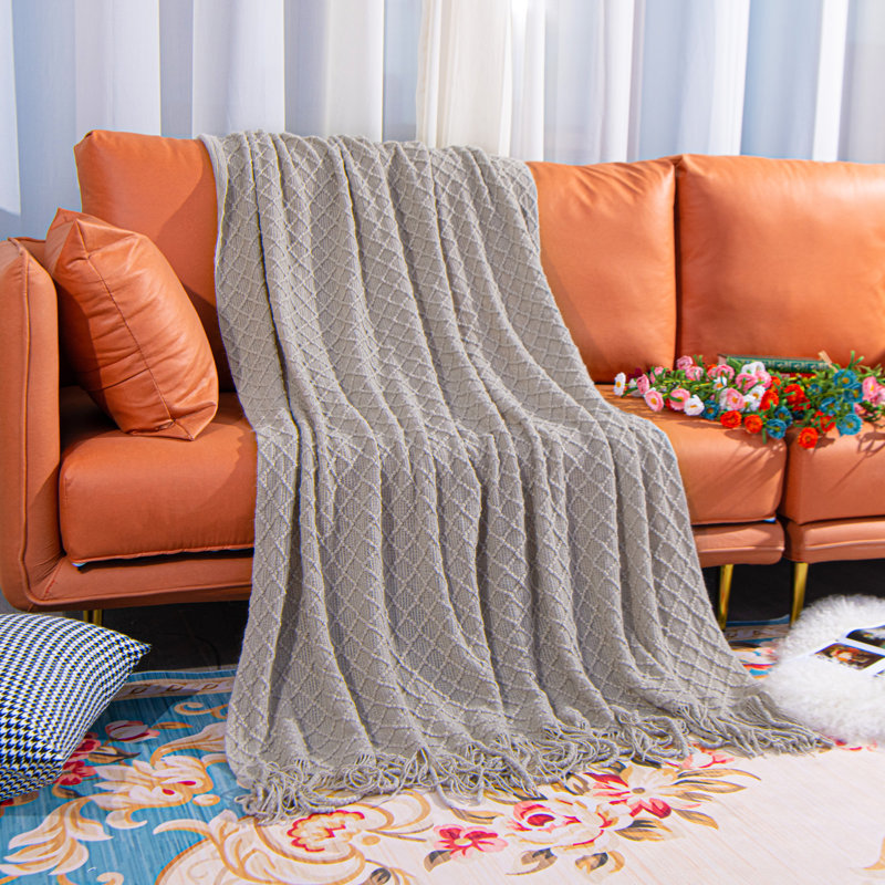 Acrylic Knitted Throw Blanket, Lightweight and Soft with Tassels, Checkered Printed - NTBAY, Dark Grey
