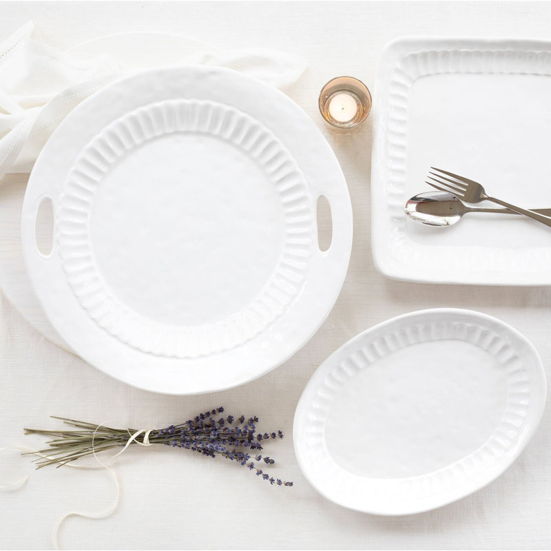 White Ceramic Round Tray with Handles, 16.5 inch