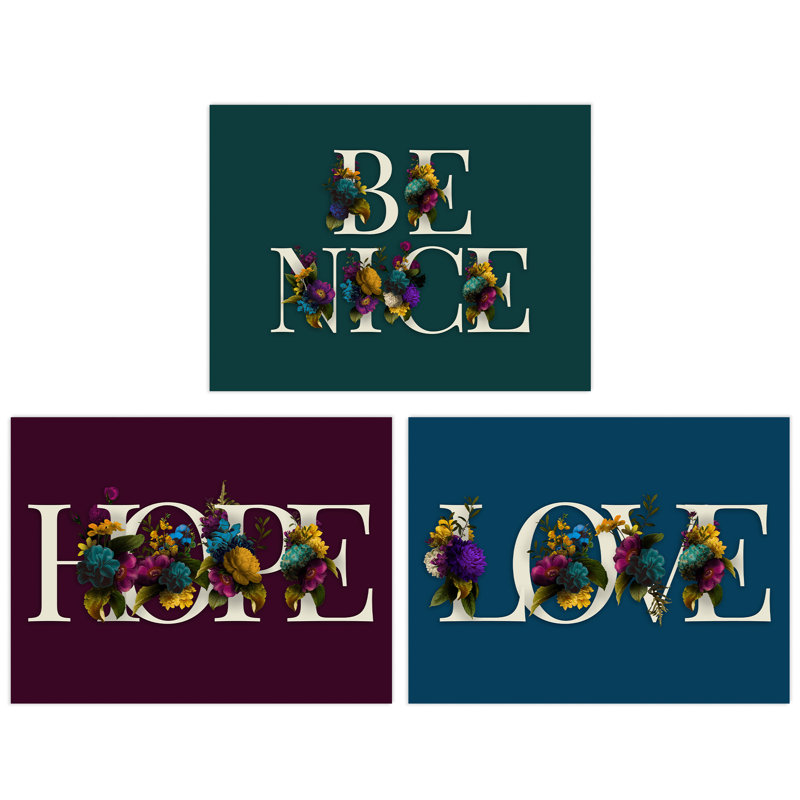 Be Nice Hope and Love Ocean Purple Blue Floral Blooms Typography 3 Piece Wall Art, 29.7cm H x 21cm W x 0.4cm D