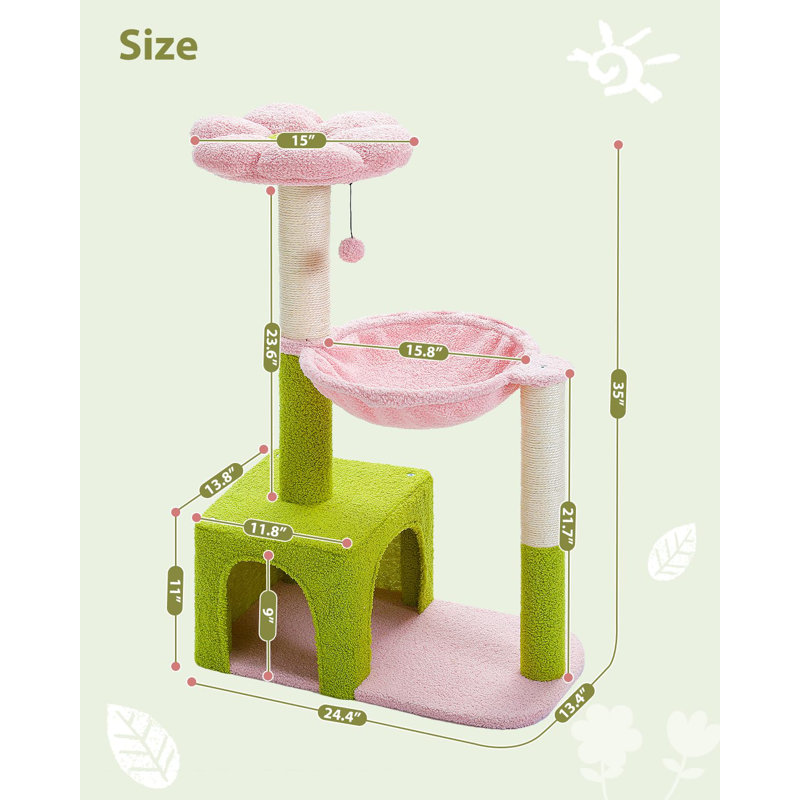 Flower Cat Tree With Large Metal Frame Hammock, 35" Cute Cat Tower With Sisal Scratching Posts For Small Indoor Cats, Cat Condo With Pink Top Perch For Kittens, Pink