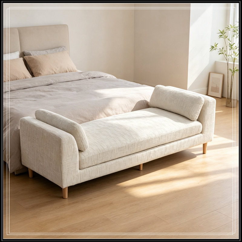 Banc rembourré en chenille avec accoudoirs et 2 traversins, Beige