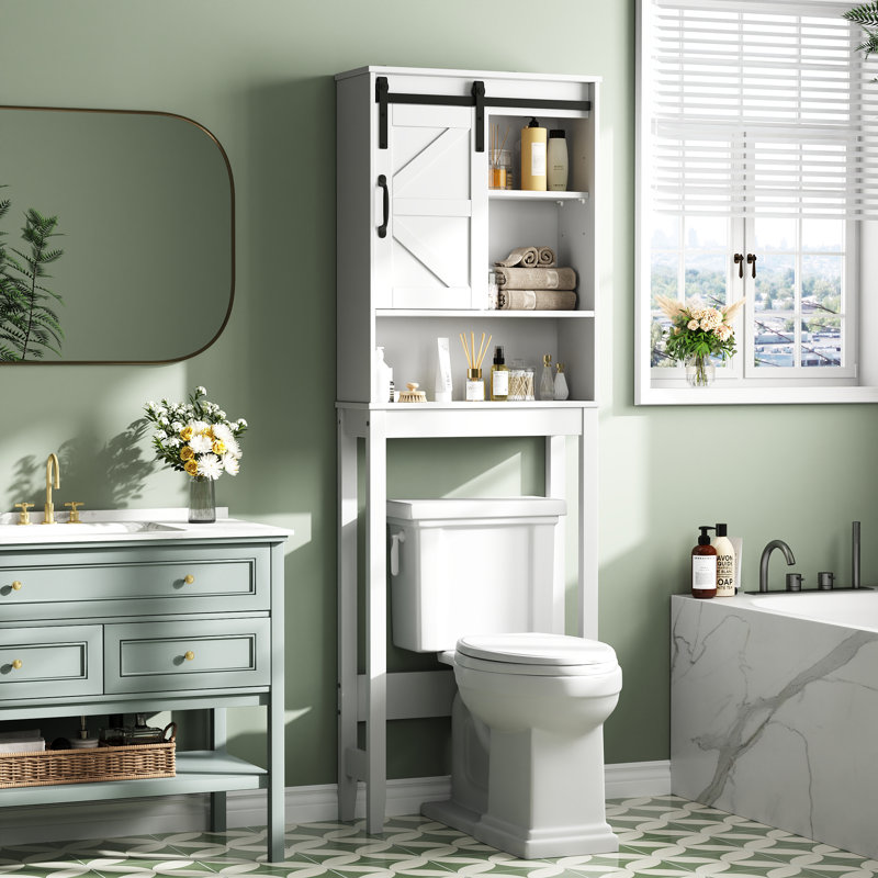 Freestanding Over The Toilet Storage Cabinet, Farmhouse Bathroom Storage With Adjustable Shelf & Barn Door, White