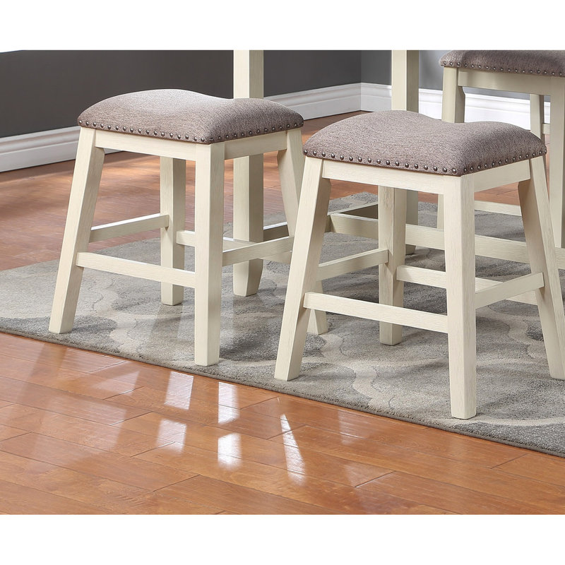 Tabourets hauts contemporains à 2 coussins, tabouret en bois massif avec pieds en lin, Gris / blanc crème