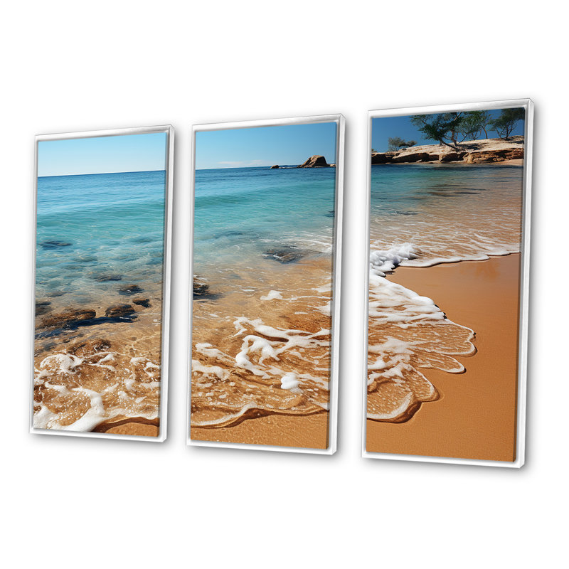 Shoreline Shadows On Beautiful Beach I - ensemble d'art sur toile côtier, Cadre flottant blanc, H 32 po x l 48 po x P 1 po