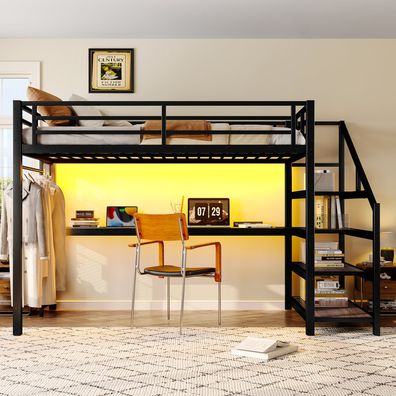 Lit mezzanine simple TG avec bureau et escalier de rangement, lumières à DEL en métal, abris, filets en fer multifonctionnels, antirouille, réducteur de bruit, noir silencieux,