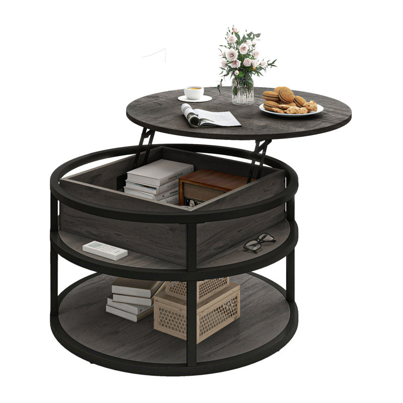 Table basse extensible à cadre rond avec rangement 31,5 po Rothwell, Gris foncé, Noir