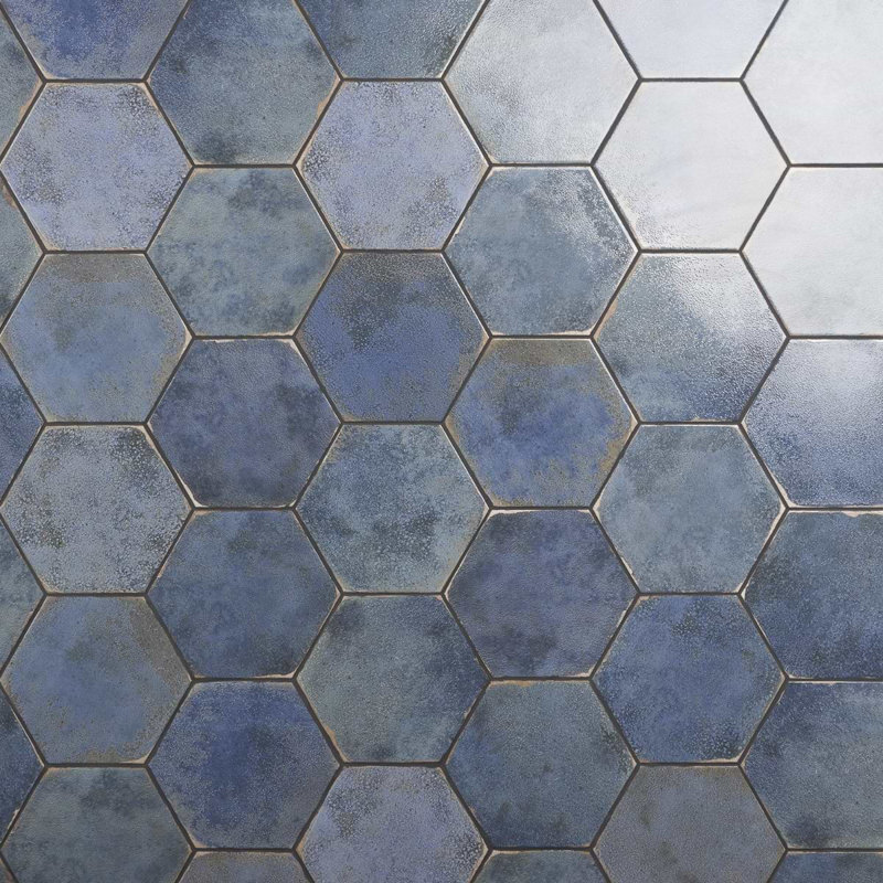 Kalay 9" Hexagon Polished Porcelain Tile, Blue