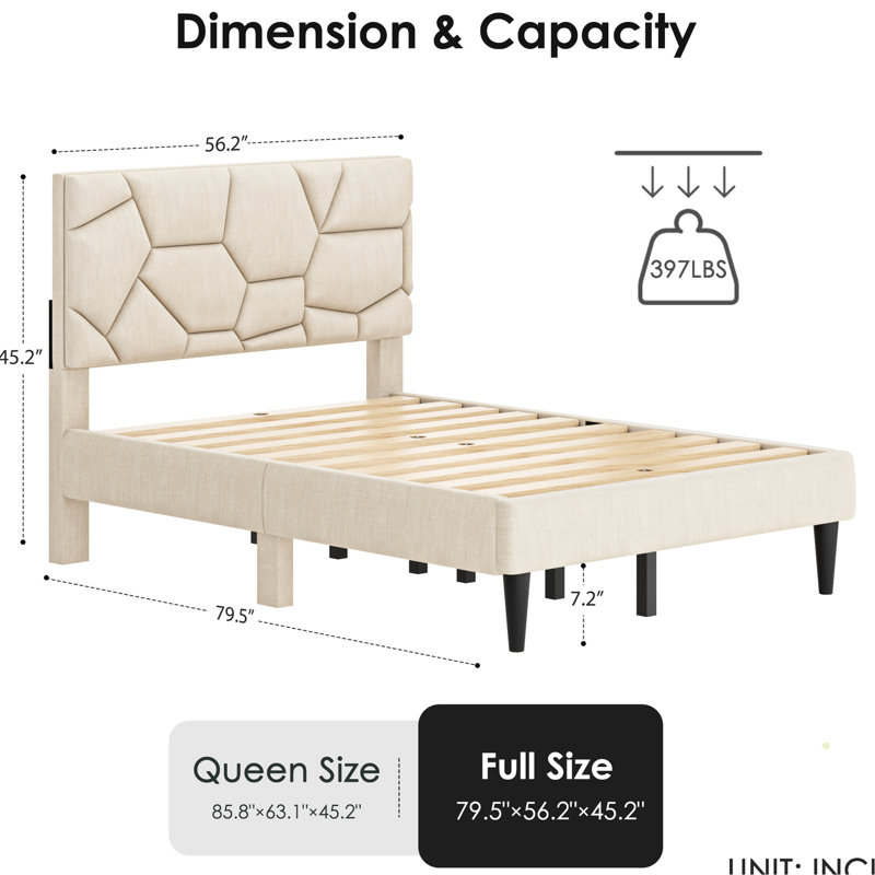 Structure de lit double beige avec rangement - Robuste, silencieuse, sans sommier, tête de lit en lin utilisateur et lit double stable et polyvalent