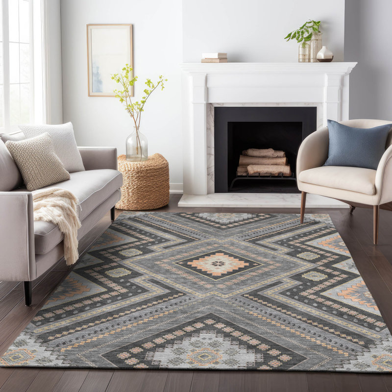 Gray Rectangular Flat Woven Synthetic Washable Rug 46" x 30"
